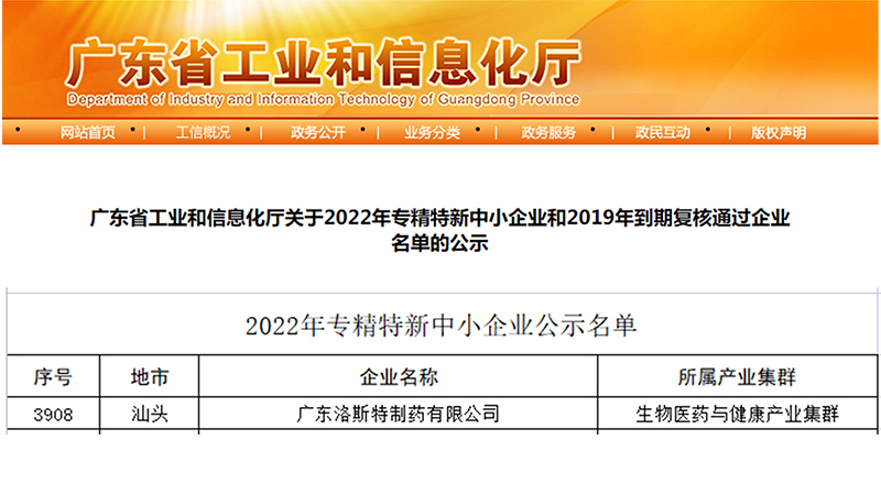 祝賀洛斯特制藥成為專(zhuān)精特新中小企業(yè)